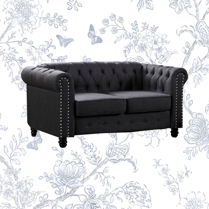 Provence 61" Rolled Arm Chesterfield Loveseat Kelly Clarkson Home Upholstery Color: Dark Gray Linen Blend