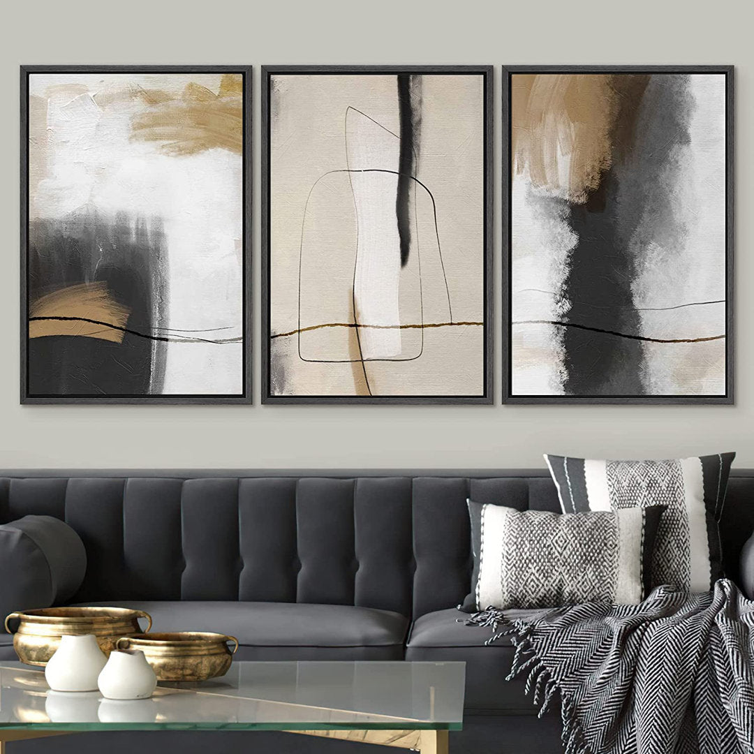 Grunge Abstract Paint Stroke Effect Tan Gray Neutral Organic Modern Pictures Framed Canvas Abstract Living Room Wall Art Painting Print IDEA4WALL Size: 36" H x 72" W Format: Black Plastic Framed