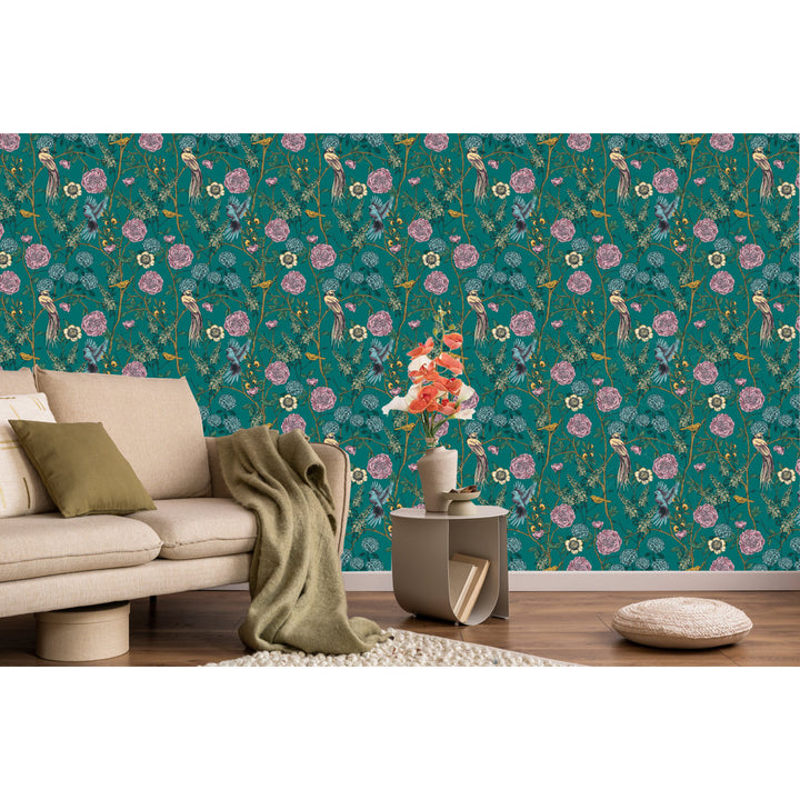 Pine and Birds 10' L x 24" W Peel and Stick Wallpaper Roll Winston Porter