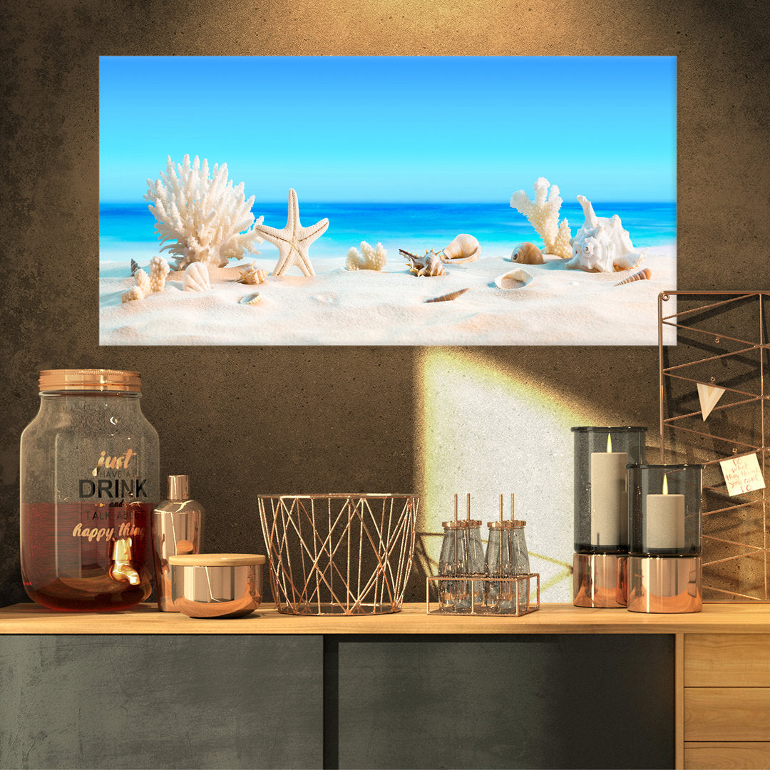 Risa Seashells on Tropical Beach' Graphic Art Highland Dunes Size: 16" H x 32" W x 1" D Format: Wrapped Canvas