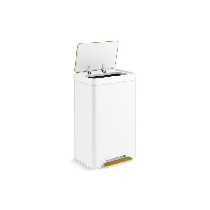 Reset 13 Gallon Kitchen Trash Can, Stainless Steel Hand Free Step Trash Can with Quiet-Close Lid Kohler Color: White/Brushed Brass