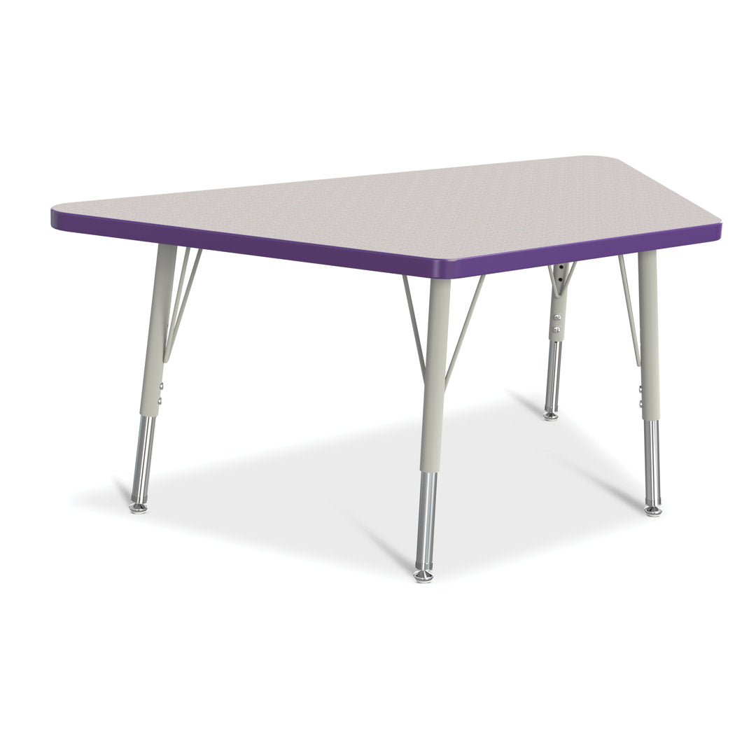 Berries® Trapezoid Activity Tables Jonti-Craft Size: 28" W x 48" D (Elementary size: 15" - 24" H) Side Finish: Freckled Gray with Purple Rainbow Accent