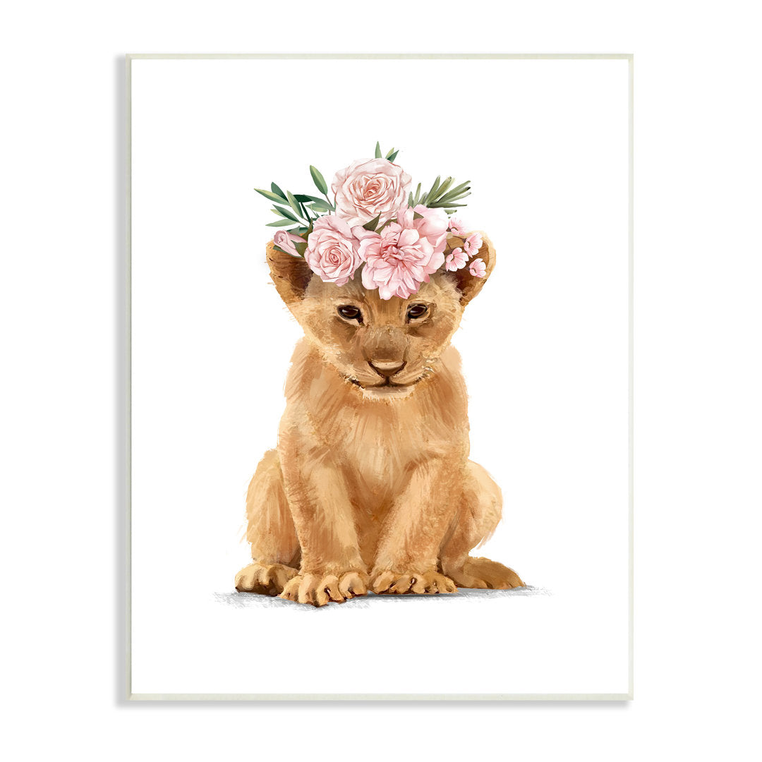 Boho Rose Floral Crown Lion Cub Safari Animal by Ziwei Li - Graphic Art Print Stupell Industries Size: 15" H x 10" W Format: Wood