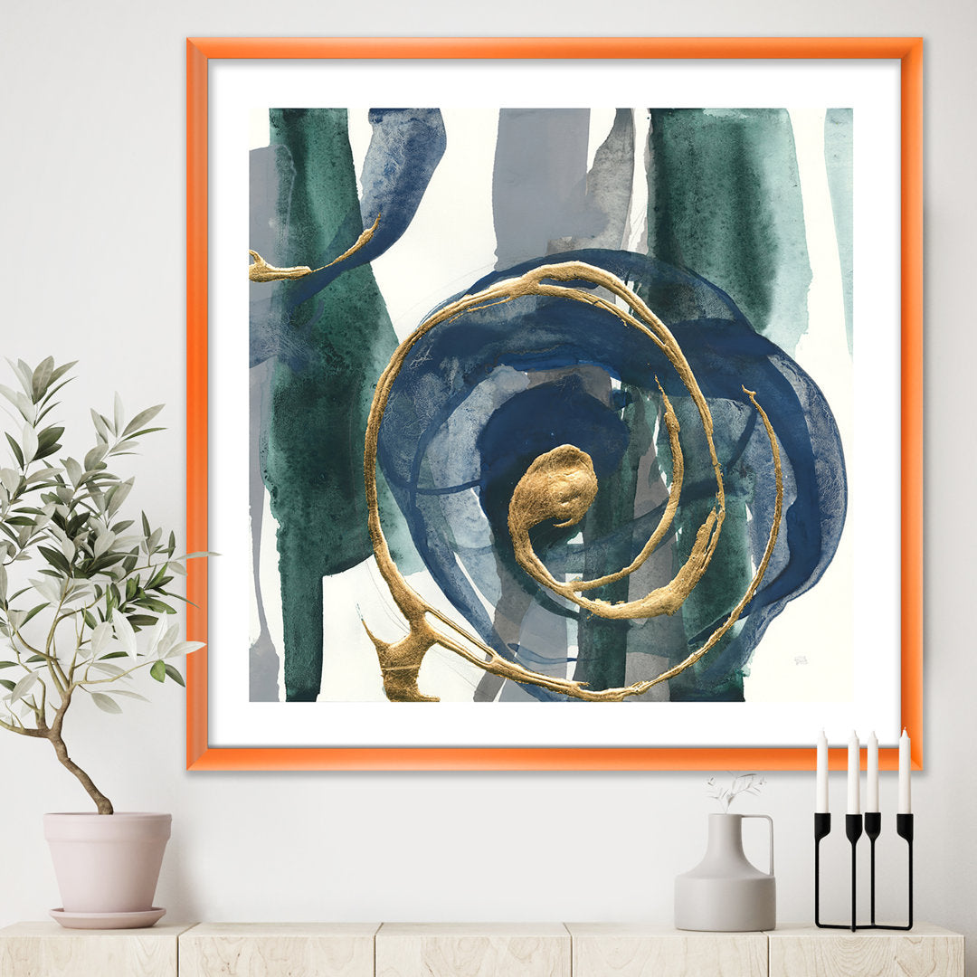 Mettalic Indigo and Gold I - Picture Frame Print on Canvas East Urban Home Size: 16" H x 16" W x 1" D Format: Silver Framed