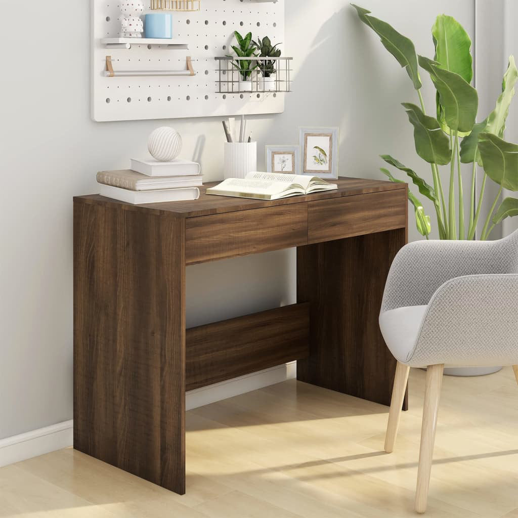 Desk with Drawers Computer Desk Home Office Study Table Engineered Wood Latitude Run® Color: Brown Oak