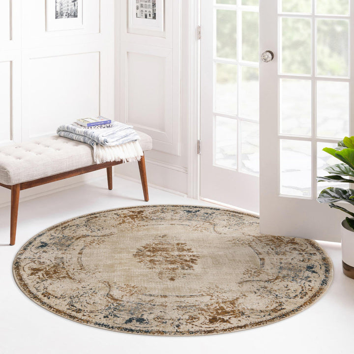 Arlindo Oriental Beige/Brown/Gray/Blue Area Rug Lark Manor™ Rug Size: Round 5'3"