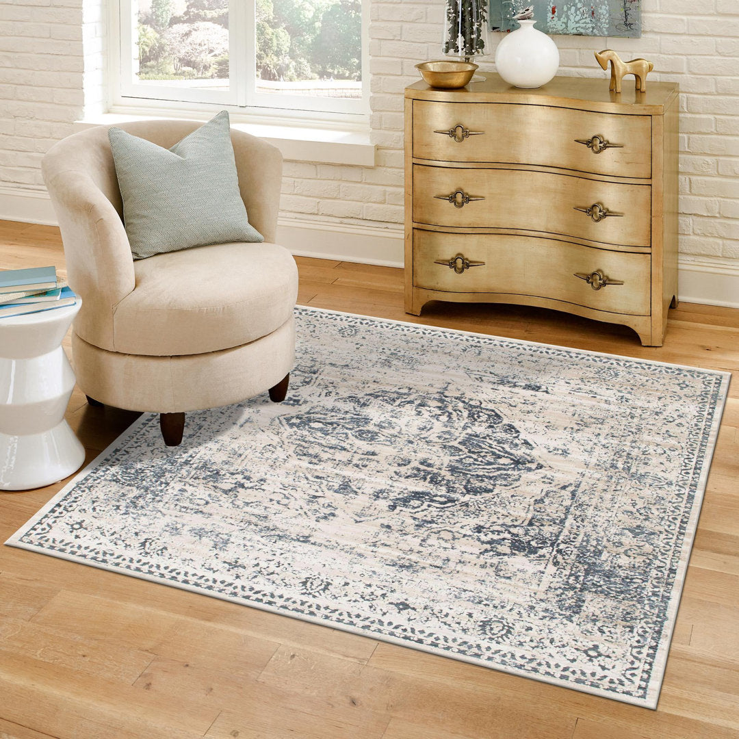 Arkeen Oriental Dark Blue/Beige Area Rug Lark Manor™ Rug Size: Square 7'10"