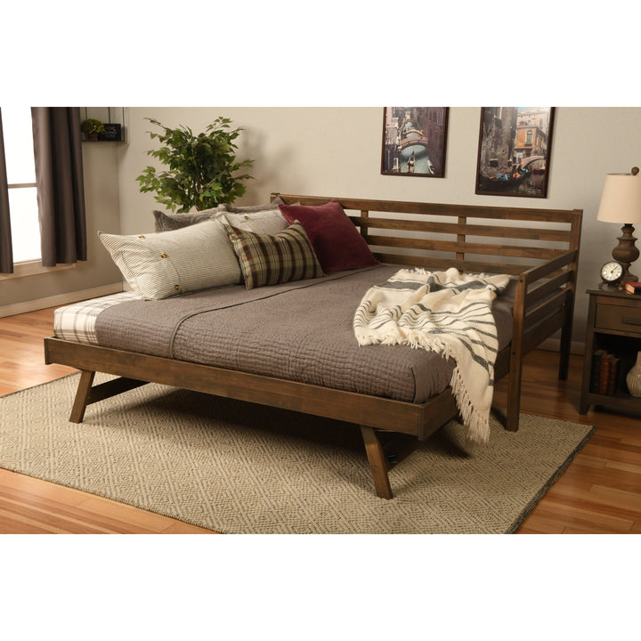 Alhamdi Boho Daybed and Pop-Up Bed with Mattresses Lark Manor™ Frame Color: Rustic Walnut, Mattress Color: Seaport Blue