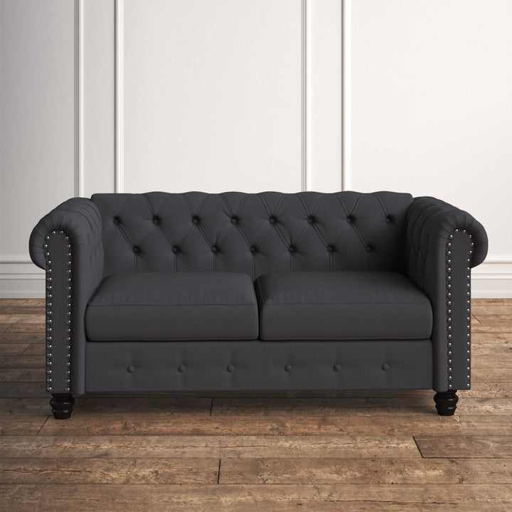 Provence 61" Rolled Arm Chesterfield Loveseat Kelly Clarkson Home Upholstery Color: Charcoal Linen Blend