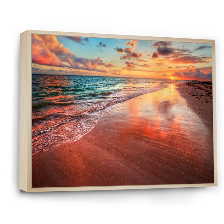 Sunset over an Ocean Beach Shore II - Photograph on Canvas East Urban Home Size: 30" H x 40" W x 1.5" D Format: Maple Floater Framed