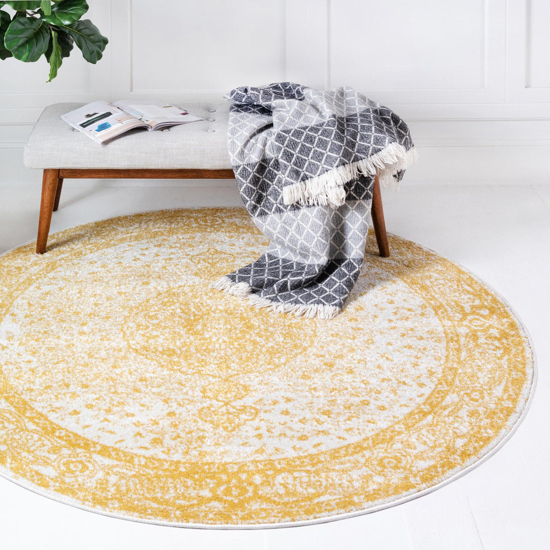 Oriental Yellow Area Rug Charlton Home® Rug Size: Round 3'