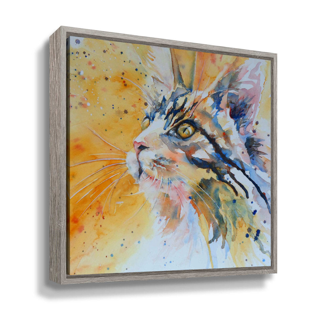 "Cat 9" by Liz Chaderton Playful Cat Canvas Wall Art Latitude Run® Size: 36" H x 36" W x 2" D Format: White Wash Floater Frame