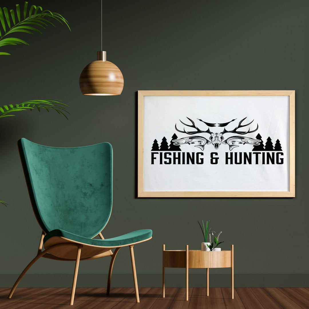 Ambesonne Hunting Wall Art With Frame, Hunting And Fishing In Vintage Emblem Design Antler Horns Mallard Pine Tree, Printed Fabric Poster For Bathroom Living Room Dorms, 35" X 23", Black And White East Urban Home