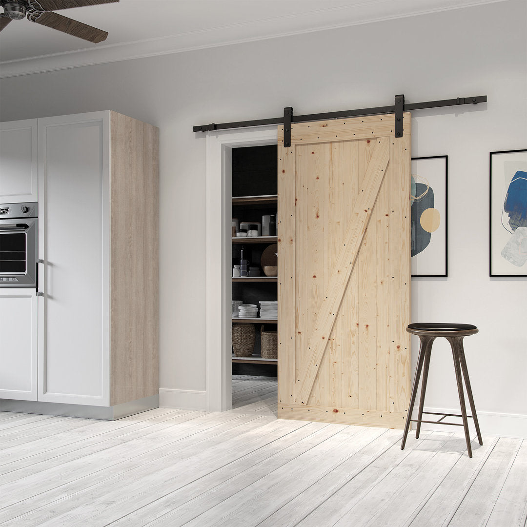 Tarcienne Paneled Wood and Metal Finish Prehung Barn Door with Installation Hardware Kit Millwood Pines Finish: Beige
