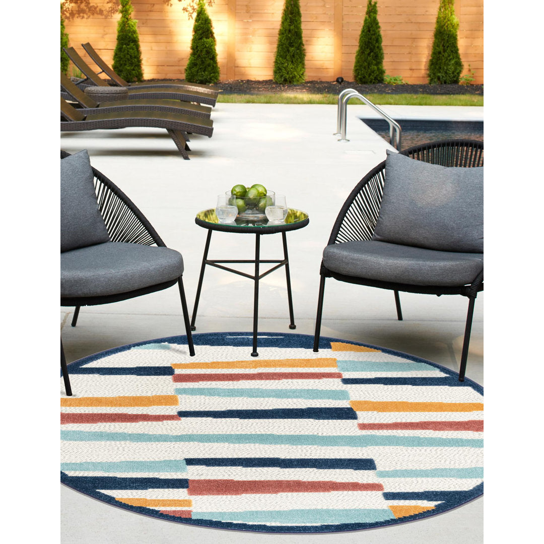 Berberia Striped Indoor / Outdoor Area Rug in Blue/Orange/Red Beachcrest Home™ Rug Size: Round 3'3"