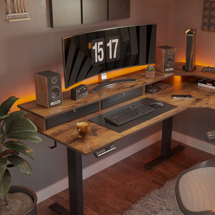 Llean L-Shape Standing Gaming Desk Inbox Zero Color (Top/Frame): Rustic Brown