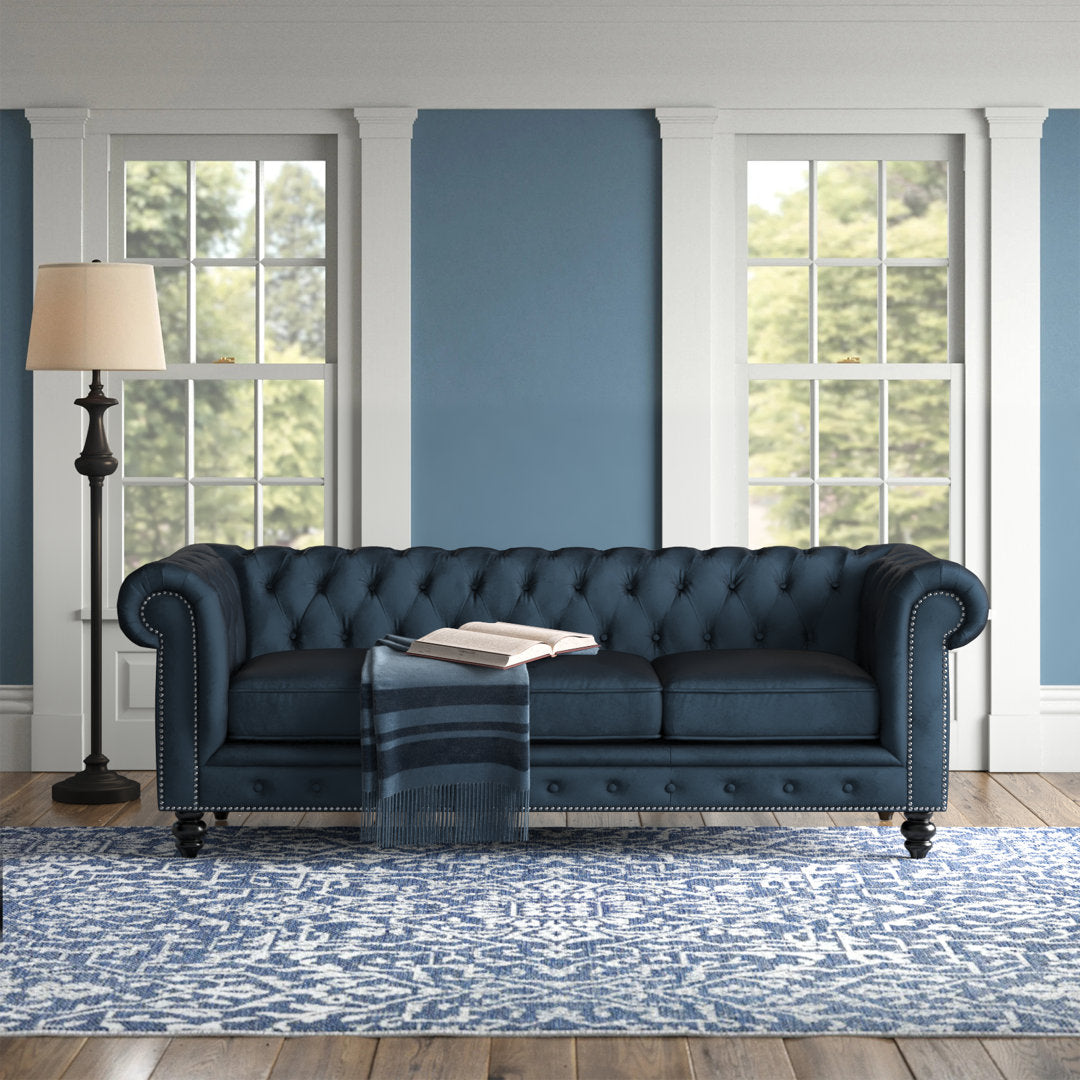 Ophelie 87" Rolled Arm Chesterfield Sofa Birch Lane™ Fabric: Navy Blue Velvet