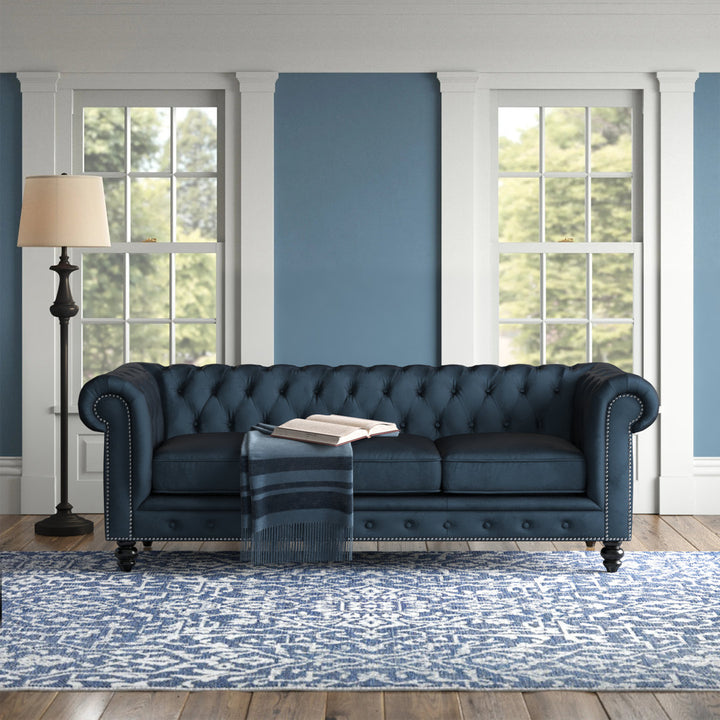 Ophelie 87" Rolled Arm Chesterfield Sofa Birch Lane™ Fabric: Navy Blue Velvet
