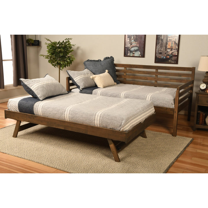 Alhamdi Boho Daybed and Pop-Up Bed with Mattresses Lark Manor™ Frame Color: Rustic Walnut, Mattress Color: Seaport Blue