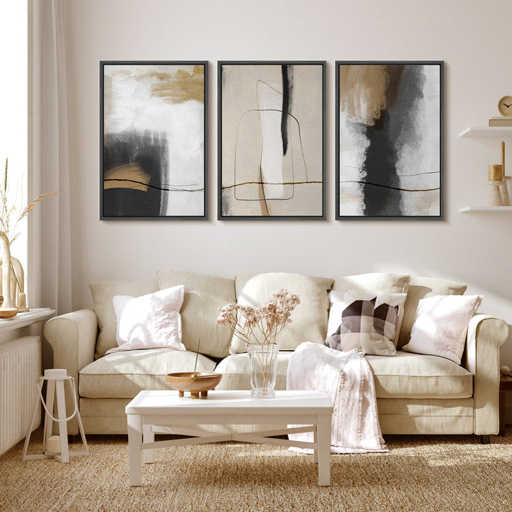 Grunge Abstract Paint Stroke Effect Tan Gray Neutral Organic Modern Pictures Framed Canvas Abstract Living Room Wall Art Painting Print IDEA4WALL Size: 36" H x 72" W Format: Black Plastic Framed