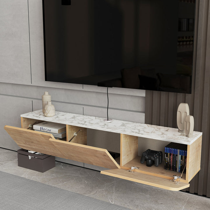 Callysta Floating TV Stand Up to 78" TV's Wall Mounted Media Console Millwood Pines Color: White Marble Design/Oak Wood