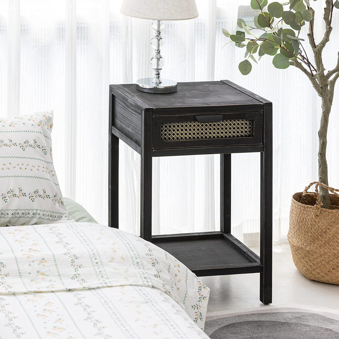 Armands Modern Minimalism Nightstand End Table Side Table with Woven Pattern Drawer and Shelf Union Rustic Color: Black