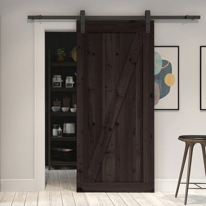 Tarcienne Paneled Wood and Metal Finish Prehung Barn Door with Installation Hardware Kit Millwood Pines Finish: Brown