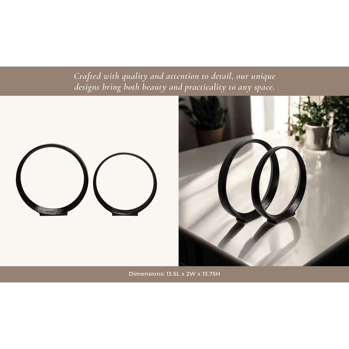 Set of 2 Metal Ring Sculptures - Modern Abstract Black Aluminum 12" and 14" Circular Sculpture Steelside™