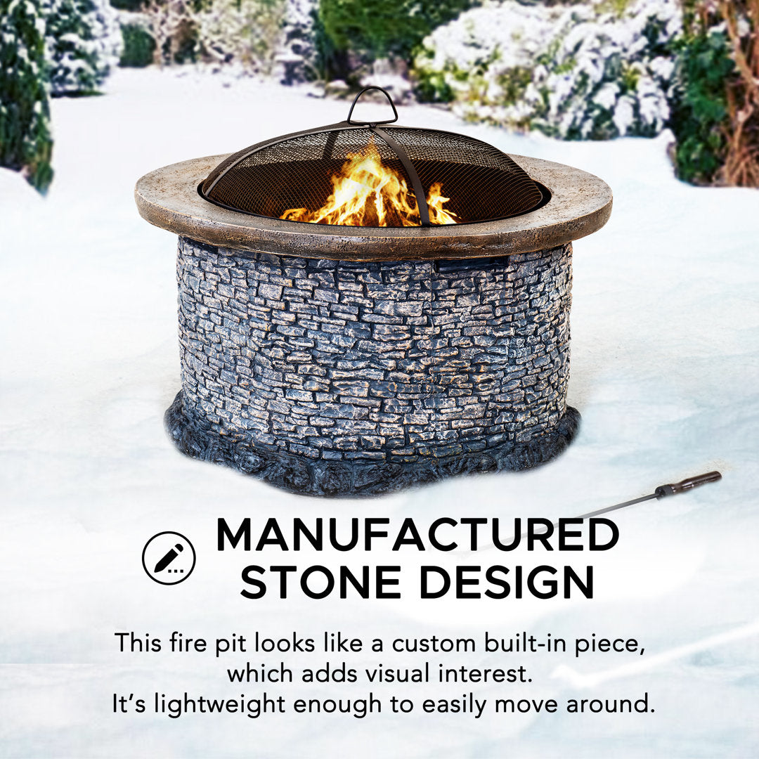 Nolia 32 inch Fire Pit for Outside, Outdoor Stone Wood Burning Fire Pit with Steel Mesh Spark Screen and Fire Poker, Large Bonfire for Patio and Backyard Williston Forge