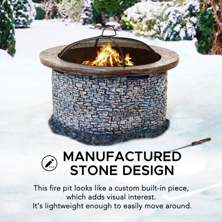 Nolia 32 inch Fire Pit for Outside, Outdoor Stone Wood Burning Fire Pit with Steel Mesh Spark Screen and Fire Poker, Large Bonfire for Patio and Backyard Williston Forge