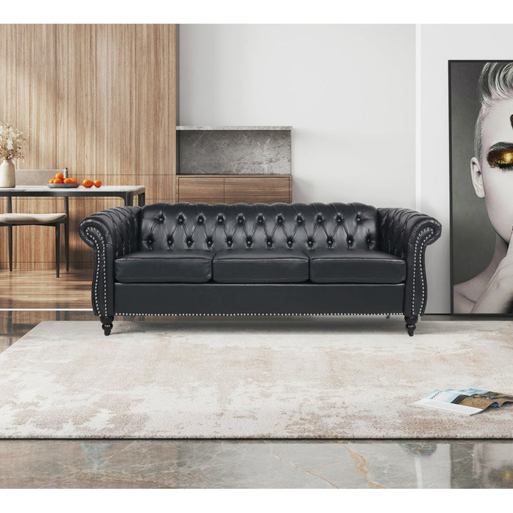 Chesterfield Button Tufted Backrest Multi-seat Upholstered Sofa Canora Grey Fabric: Black Faux Leather