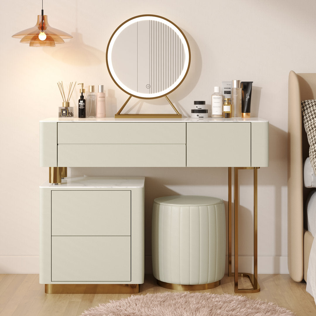 Edorta Vanity Desk with Mirror and Lights, Modern Makeup Vanity Table Set with 4 Storage Drawers and Vanity Stool Hokku Designs