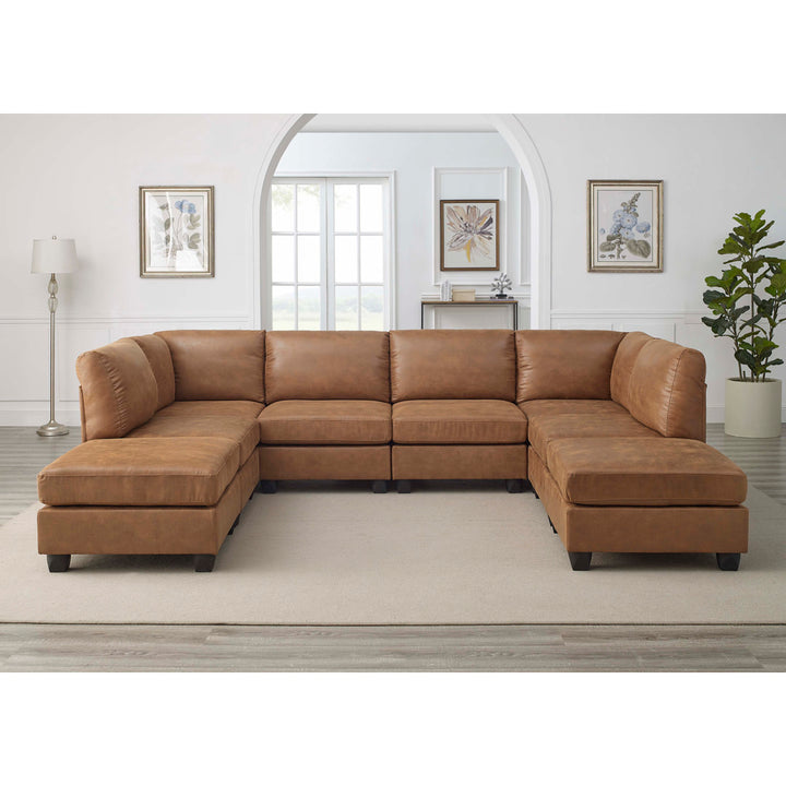 Barnwell 120" Wide Faux Leather Modular Corner Sectional with Ottoman Three Posts™ Body Fabric: Ginger