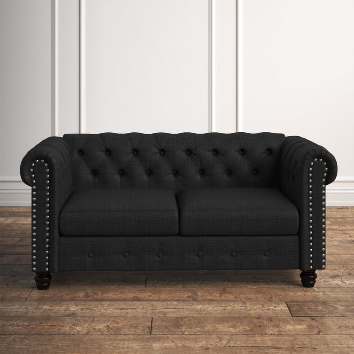 Provence 61" Rolled Arm Chesterfield Loveseat Kelly Clarkson Home Upholstery Color: Dark Gray Linen Blend
