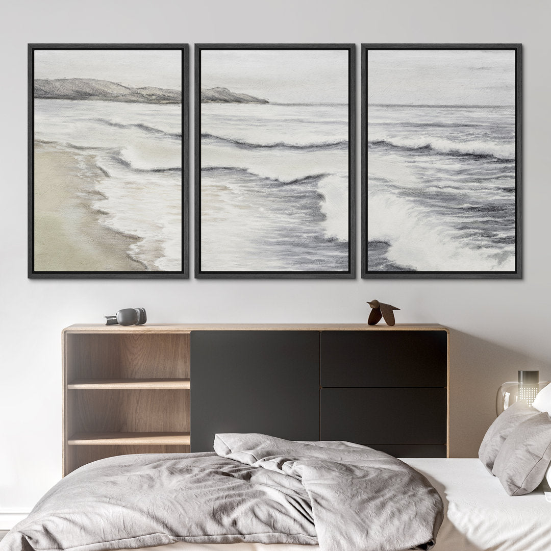 Coastal Beach Ocean Waves Muted Relax Calm Seascape Home Decor - Framed Canvas Print Wall Art Work SIGNLEADER Size: 24" H x 48" W x 1.5" D Format: Black Framed