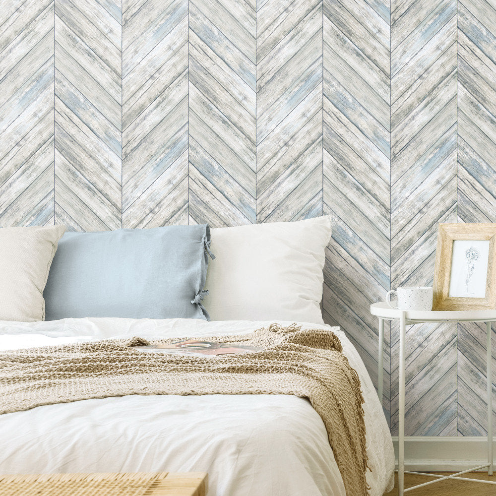 Healdton Herringbone Wood Boards 16.5' L X 20.5" W Peel and Stick Wallpaper Roll Foundry Select Color: Blue/Gray