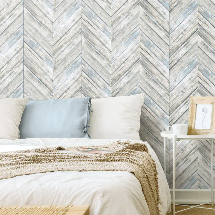 Healdton Herringbone Wood Boards 16.5' L X 20.5" W Peel and Stick Wallpaper Roll Foundry Select Color: Blue/Gray