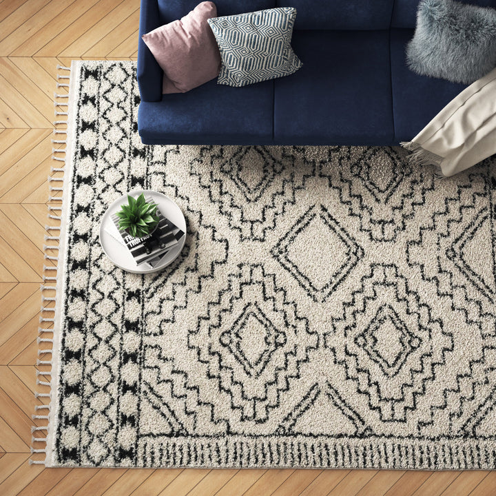 Adry Moroccan Shag Tasseled Cream/Charcoal Area Rug Union Rustic Rug Size: Rectangle 7'10" x 10'