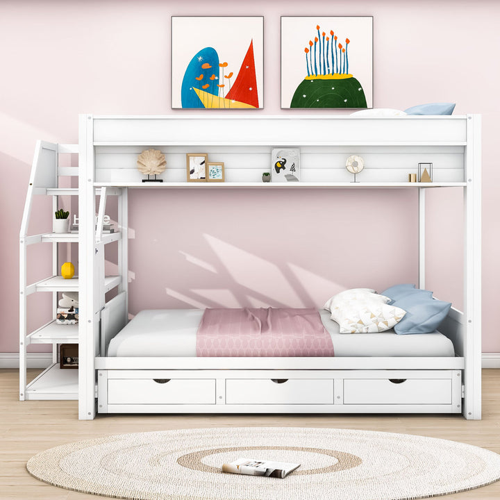 Dalvey Kids Full Over Full 3 Drawers Convertible Futon Bunk Bed with Storage Staircase Harriet Bee Bed Frame Color: White