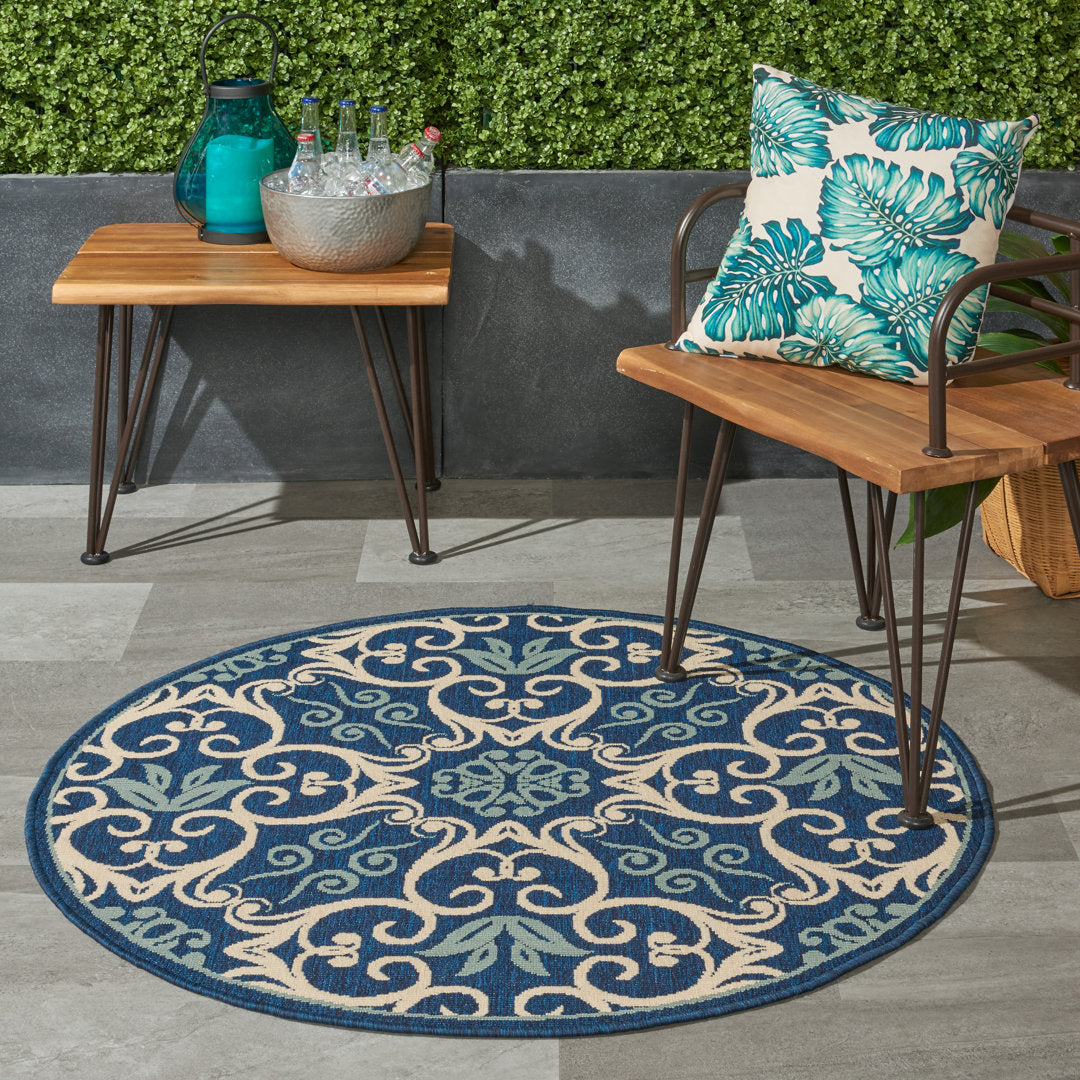 Adelene Floral Navy Blue Indoor / Outdoor Area Rug Birch Lane™ Rug Size: Round 4'