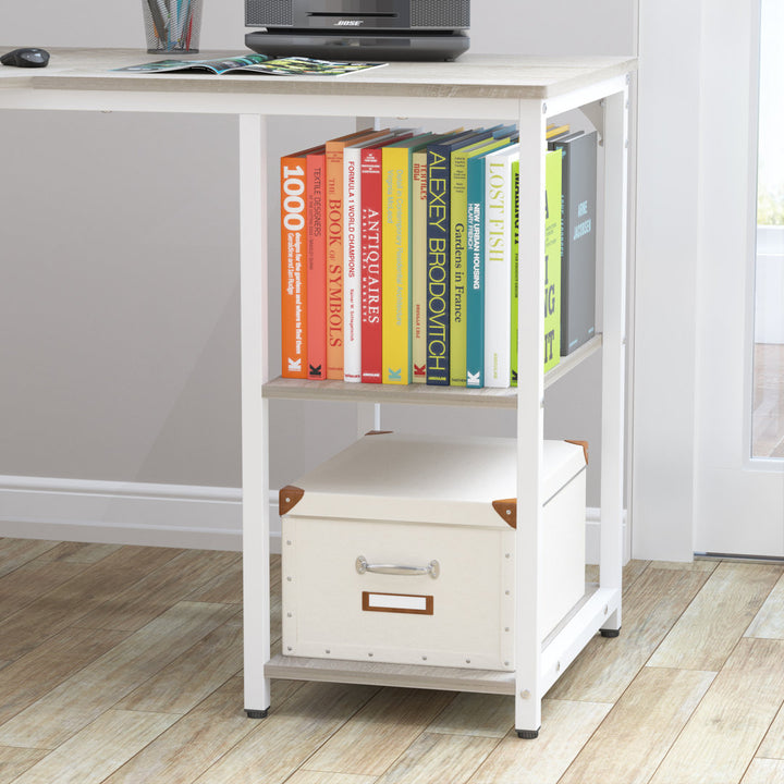 56.9" L Shaped Desk with Shelves Corner Computer Desk Large Table Inbox Zero Color (Top/Frame): Beech/White