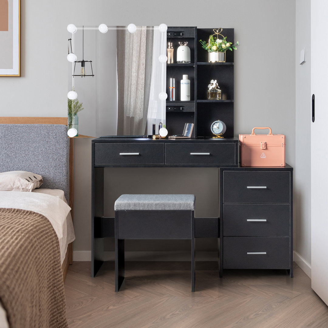 Calletano 44.3"Wide Makeup Vanity Set with Mirror Cabinet, Stool,5 Drawers Wade Logan® Color: Black
