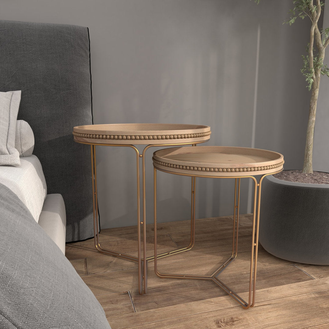 Wooden Round Beaded Nesting Side End Brown Accent Table with Gold Metal Stand Set Dakota Fields