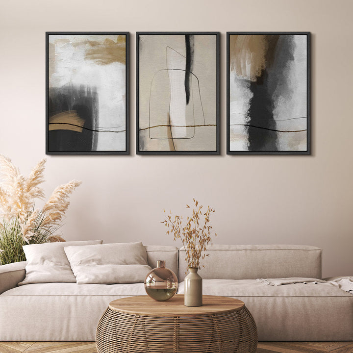 Grunge Abstract Paint Stroke Effect Tan Gray Neutral Organic Modern Pictures Framed Canvas Abstract Living Room Wall Art Painting Print IDEA4WALL Size: 36" H x 72" W Format: Black Plastic Framed