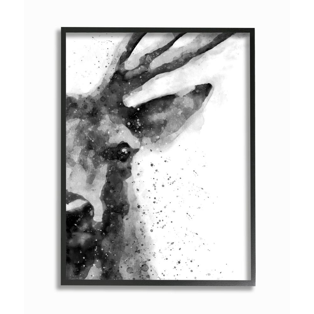 Buck Reindeer Antlers Wild Forest Animal Black White by Daphne Polselli - Graphic Art Print Stupell Industries Size: 30" H x 24" W Format: Black Framed