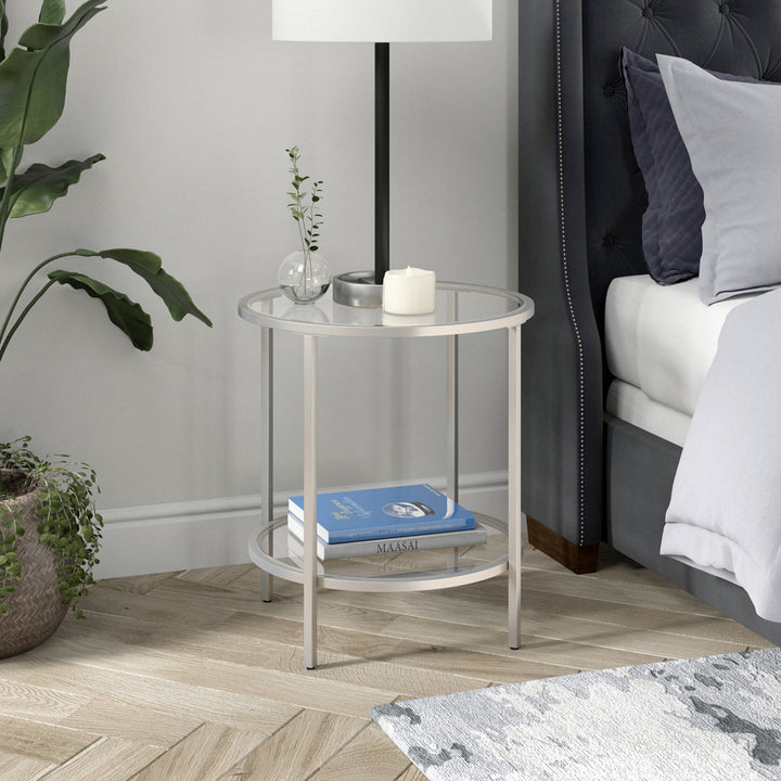 Ceno Glass End Table with Storage Wade Logan® Table Base Color: Satin Nickel