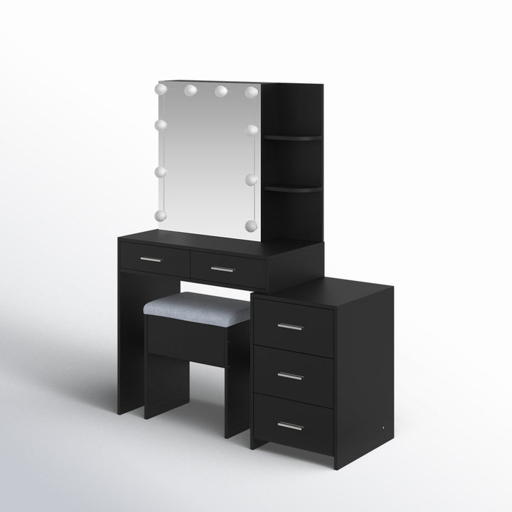 Calletano 44.3"Wide Makeup Vanity Set with Mirror Cabinet, Stool,5 Drawers Wade Logan® Color: Black