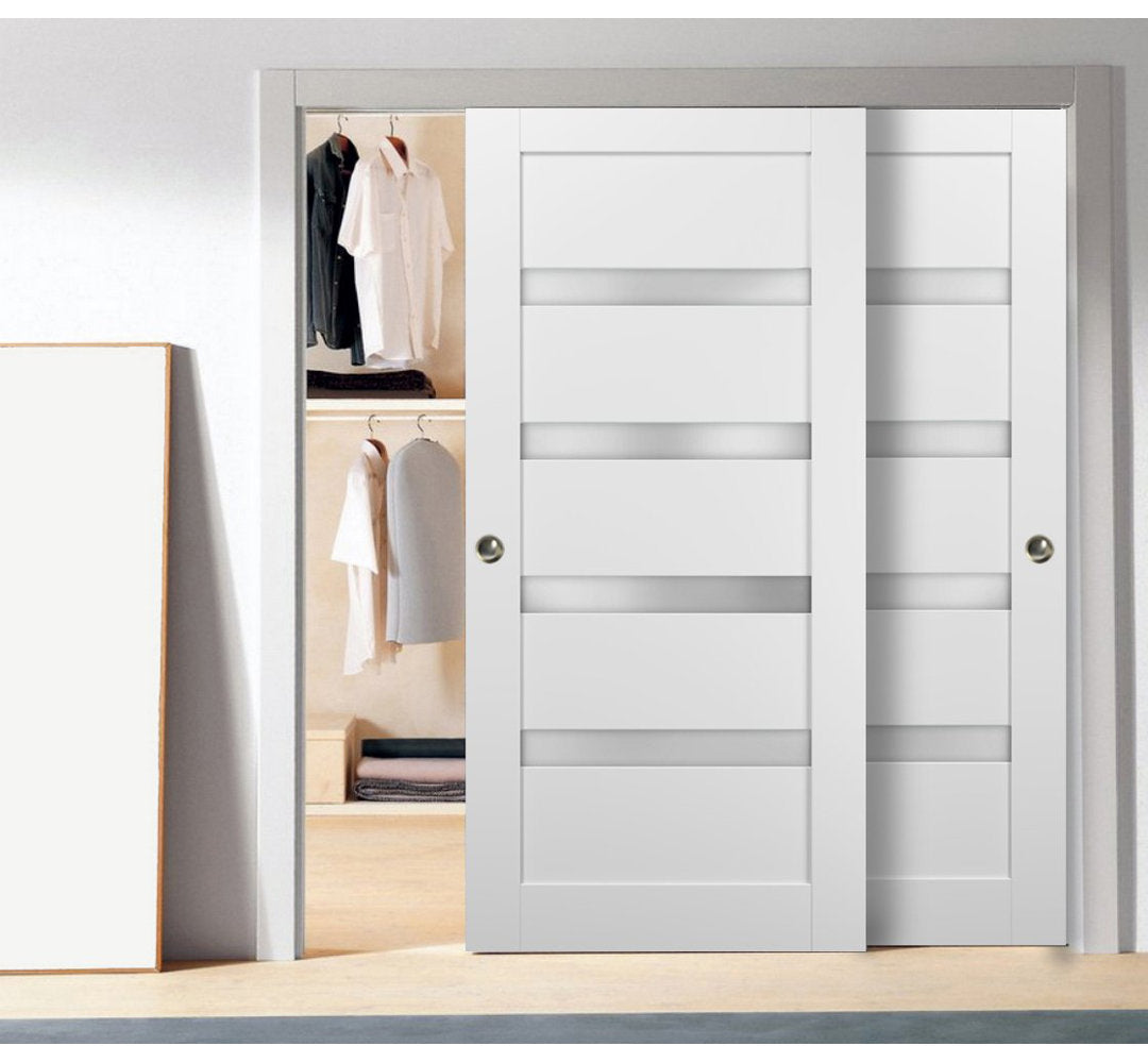 Quadro Frosted Glass Sliding Closet White Doors with Installation Hardware Kit SARTODOORS Size: 56" x 84"