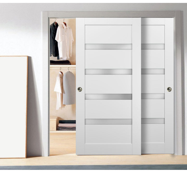 Quadro Frosted Glass Sliding Closet White Doors with Installation Hardware Kit SARTODOORS Size: 56" x 84"