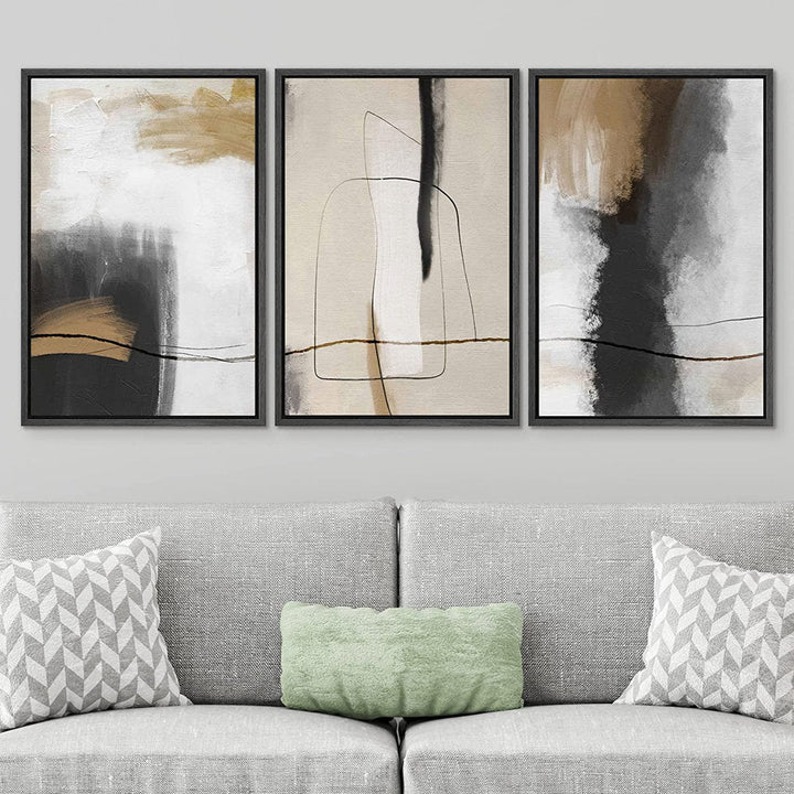 Grunge Abstract Paint Stroke Effect Tan Gray Neutral Organic Modern Pictures Framed Canvas Abstract Living Room Wall Art Painting Print IDEA4WALL Size: 36" H x 72" W Format: Black Plastic Framed